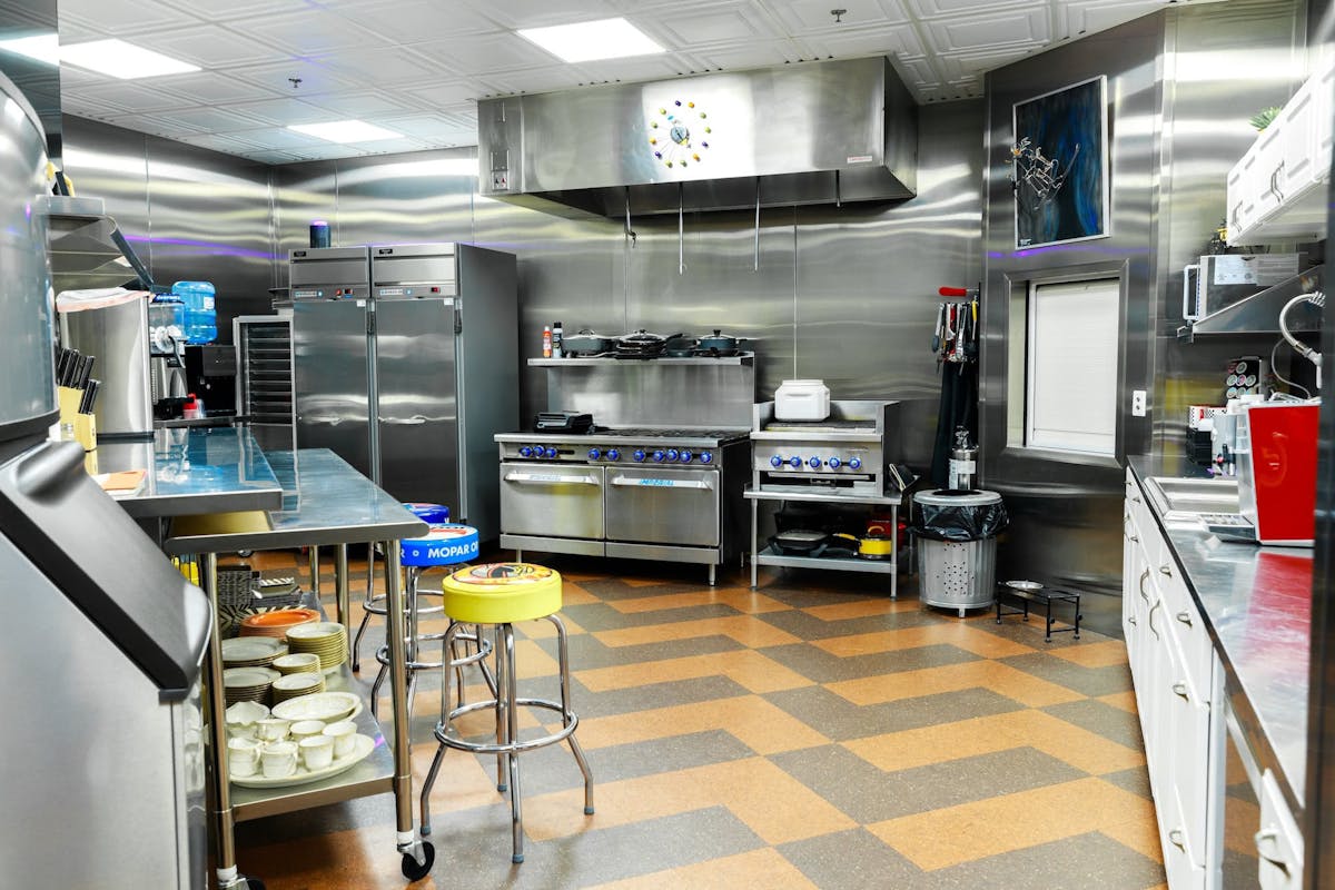 Clean commercial kitchen at Hanks Garage Venue