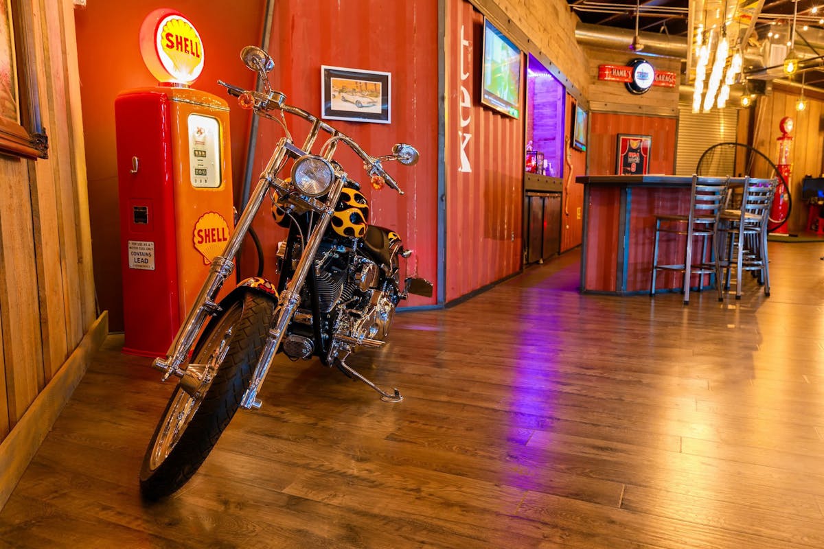 Motorcycle near the bar at Hanks Garage Venue